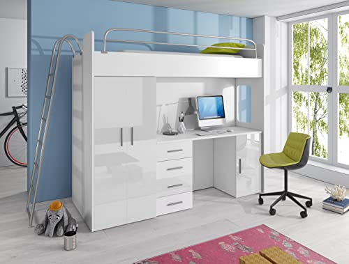Generisch Hochbett TOMI 4D Möbel-Set Schrank und Schreibtisch Bett mit Leiter Kinder-Möbel + Rahmen (Weiß/Weiß)