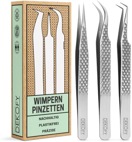 DEKOFY® Profi Wimpern Pinzette [3 Stück] - Spitz & Präzise - Hochwertiges Wimpern Pinzetten Set zur Wimpernverlängerung - Silber