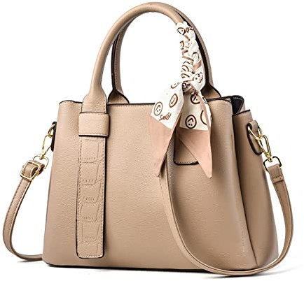NICOLE & DORIS Damen Handtasche Modern Schultertaschen PU Leder Henkeltasche Elegante Frauen Umhängetasche Satchel Handtasche Shopper Tote Bag mit Seidentuch Khaki