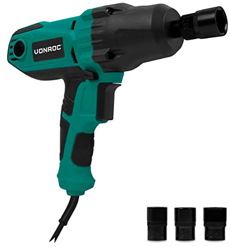 VONROC Clé à Choc Électrique 450W – Couple 350Nm – Mandrin Carré 1/2, 3000 tr/min, 4000 i/min – Variateur de Vitesse, Poignée Soft Grip, LED, Câble 3m – 4 Douilles Incluses – Mallette de Transport