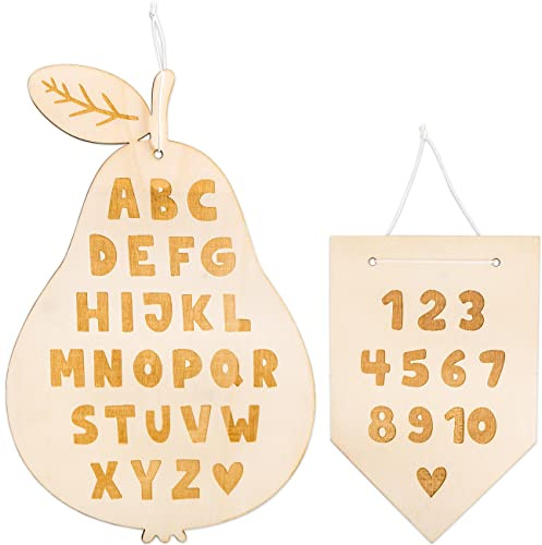 Papierdrachen 2 Holzschilder mit Gravur - Wimpel mit Zahlen von 1-10 und Birne mit dem Alphabet - Geschenk für Erstklässer zum Schulstart - tolle Dekoration für das Kinder- oder Klassenzimmer - Set 1