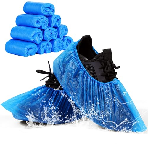 flintronic Copriscarpe Monouso, 100 Pezzi Copriscarpe in Plastica, Copriscarpe in CPE, Copriscarpe Impermeabili Antiscivolo per Interni, Esterni-One Size (Blu)