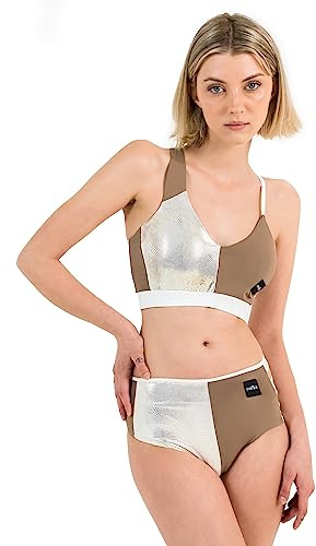 Invertika Completo Top Donna - Slip Donna - Intimo Sportivo - Pole Dance in Lycra Contenitivo Double Face Reversibile Made in Italy (S, Beige/Oro)