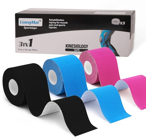 LiangMai Kinesio Tape - 3 rotoli 5cm x 5m di tape kinesiologico Nero+Blu+Rosa, tape sportivo impermeabile ed elastico - Nastro Kinesiologico nastri amici della pelle per ginocchio spalla gomito