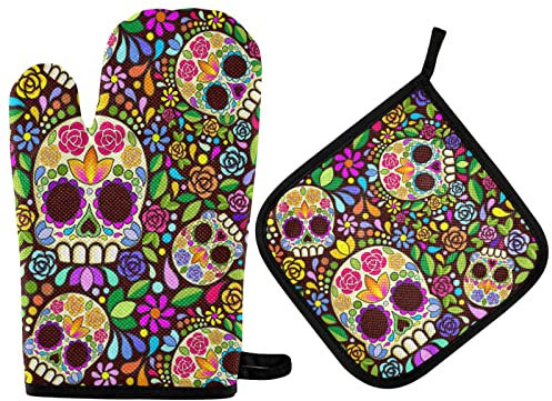 Oven Mitts Set Sugar Skull Floral Pot Holders Halloween Mexican Kitchen Oven Glove Baking Mitts 2PCS Cooking Stove Gloves Potholders Heat Pads for Grilling BBQ