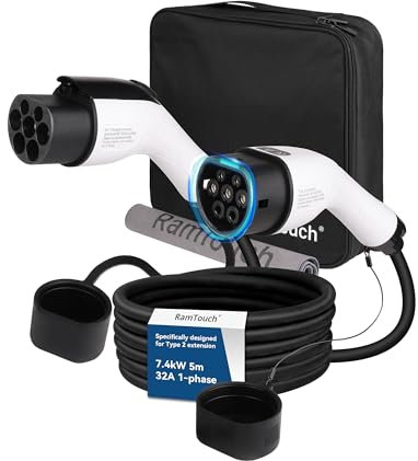 RamTouch Cavo Prolunga Tipo 2 (32 A, 7,4 kW, 5 Metri, Monofase) | Cavo di Estensione Compatibile con Caricatori per Auto Elettriche, Stazioni di Ricarica e Wallbox per EV/PHEV