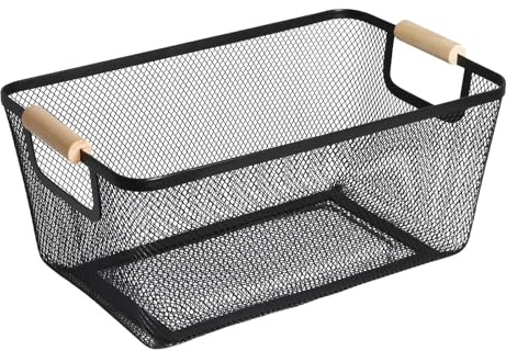 AJIODA Metal Mesh Steel Basket, Large Wire Storage Organizer Basket Multi-function Hanging Kitchen Baskets with Wood Handle for Kitchen Bathroom Picnic Home, Rectangle-Black