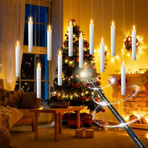mizikuu 12 Stück Schwebende Kerzen mit Zauberstab, LED Flammenlose Kerze Fernbedienung Stabkerzen Fliegende Kerzen Timerfunktion Floating Candles Hängende für Halloween Weihnachten Deko