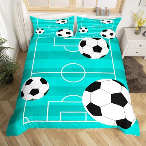 Parure de lit avec housse de couette et 1 taie d'oreiller pour enfants, motif géométrique et nid d'abeille, décoration de chambre de garçons et filles, motif ballon de football, bleu, 1 taie