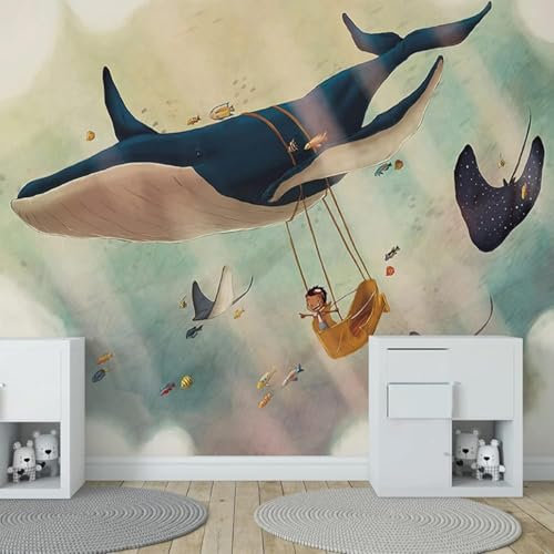 Tzxztt Cartoon Walfisch Kleiner Fisch Junge Moderne 3D Tapete Geprägte Seide Neutrale Töne Material Ideal Für Wohnzimmer Schlafzimmer-400cm×280cm