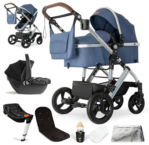 Bergsteiger Nizza Kombikinderwagen 3-in-1 Isofix Station Babyschale | Komplettset mit Aluminiumgestell Schwenkrädern verstellbarem Griff Babywanne Buggysitz Wickeltasche und Regenschutz