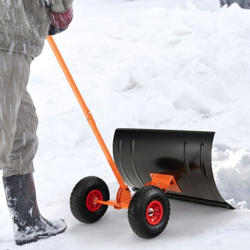 Pelle à Neige pour déneigement, Pelle à Neige pour allée, Poussoir à Neige en métal de 29 po avec Roues en Caoutchouc de 10 po et poignée Ergonomique à Angle réglable, Outil de déneigement r