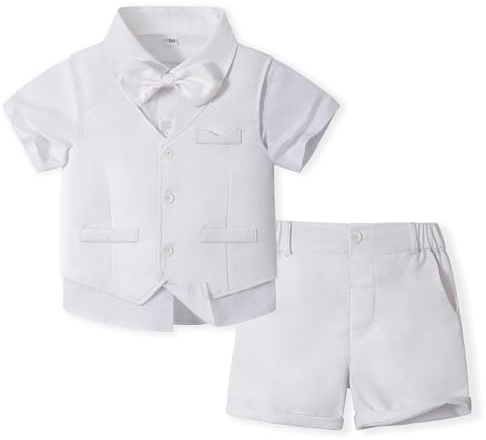 Volunboy 4-delar baby pojkar sommar bröllopskostym, småbarn formell klänning kläder outfit, kortärmad väst, shorts, skjortset, Vitt, 4-5 Years