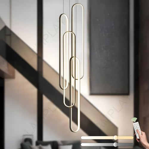 LAMPLAY Moderner Kronleuchter Für Hohe Decken, Schwarzer Höhenverstellbarer Kronleuchter Mit 4 LED-Ringen Für Den Eingangsbereich, Großer Wohnzimmer-Kronleuchter Mit Fernbedienung, Dimmbar 3000K-6000K