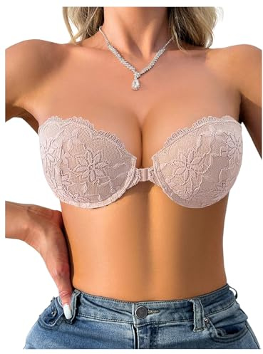 GORGLITTER Women's Strapless Underwire Front Fastening Bras Scalloped Lace Bandeau Bras Pink 32A