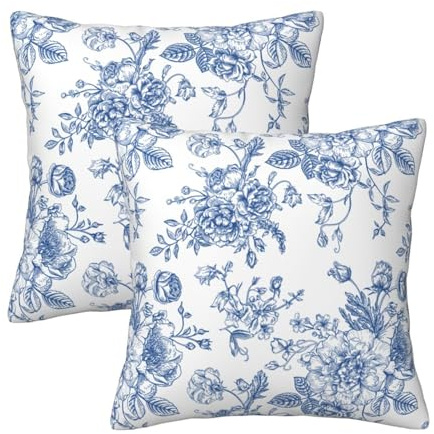 Kotkiddy Chinoiserie Blau-Weiß Kissenbezüge 18x18 Set von 2, Blumenblütenwurfkissenbezüge Außendekoration Kissenhülle für Sofa Bett Sofa Kissen Einrichtung