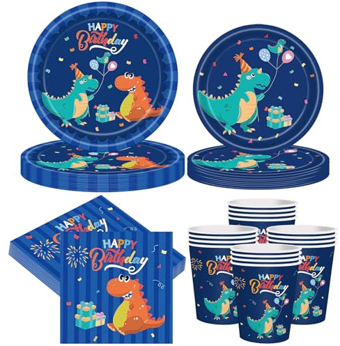 Ensemble de décoration de fête dinosaure bleu, 68 pièces vaisselle jetable thème dinosaure bleu pour enfants, assiettes en carton, gobelets, serviettes pour décoration d'anniversaire et accessoires