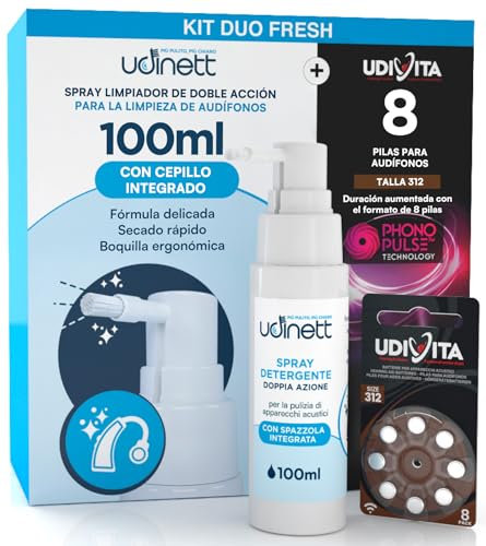 8 Hearing Aid Batteries Size 312 PR41 Brown with Phono Pulse Technology + Hearing Aid Cleaning Spray with Included Brush Udinett 100ml Alcohol-Free - Kit Duo Fresh