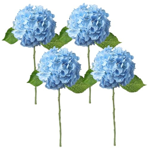 Hortensia bleu Fleurs artificielles, 4pcs 20 pouces réel tactiles fausses hortensias, soie + plastique fausses fleurs pour centres de table de centres de mariage fête extérieur artificiel artificiel