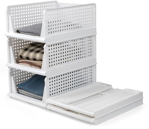 FoiiLiio 3 Pezzi Impilabili Organizer Armadio Cassettiere,43 x 33 x 55cm Pieghevole Organizer Cassetti Armadio,Salvaspazio Tipo di Cassetto Storage Boxes per Bagni,Cucine e Camere da Letto-Bianco