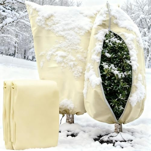 2er Pack Winterschutz für Kübelpflanzen 80×100 cm, Atmungsaktive Frostschutz Pflanzen mit Reißverschluss & Kordelzug, Winterschutz Pflanzen Außen - Oliven, Zitruspflanzen, Feigen, Palmen & Sträucher