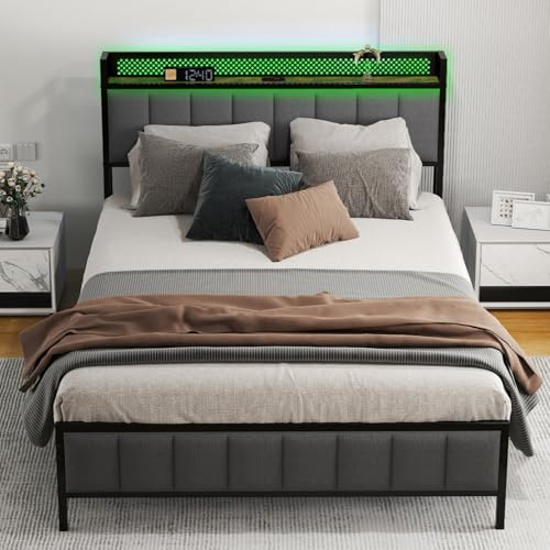 Levede Double Bed Frame with Storage Headboard & LED Lights/Charging Ports, Upholstered Metal Double Bed Frame with Strong Metal Slats, No Box Spring Needed, Under-Bed Storage, Grey