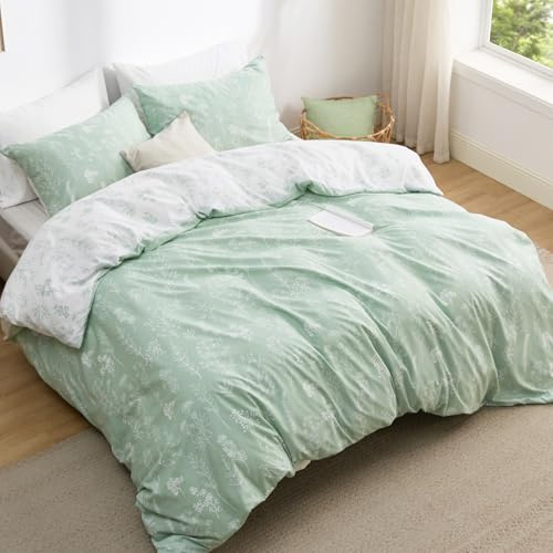 BEDSURE Biancheria da letto 230 x 220 cm, 3 pezzi, copripiumino da 230 x 220 cm, con 2 federe da 50 x 75 cm, Öko-Tex, biancheria da letto double-face, motivo floreale verde salvia