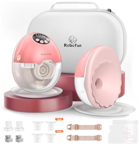 Robofun 2er-Pack Milchpumpe Elektrisch Freihändig, Leise Doppelmilchpumpe mit 4 Modi und 12 Saugstufen, Elektrische Milchpumpe Handsfree, Intelligente Anti-Überlauf-Funktion, mit Storage Box-Rosa
