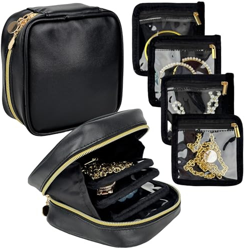 Travel Jewelry Case Small, Jewelry Organizers and Storage, Mini Travel Jewelry Bag with 8 Pcs Clear Zipper Velvet Pockets for Earrings, Rings, Necklace, Bracelet, Watch,Travel Essentials for Women