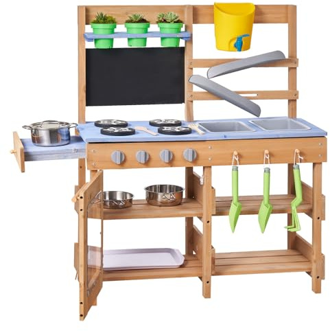 VEVOR Cocina de Barro para Niños al Aire Libre, Madera de Cedro, con 4 Estufas, Ganchos, Fregaderos, Palas para Plantar, Espátulas, Mango, Ollas y Accesorios para Cocinar, 762 x 324 x 914 mm