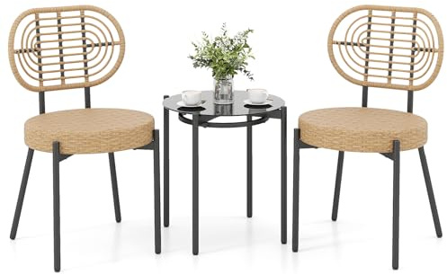 COSTWAY Conjunto de Bistró de Ratán PE de 3 Piezas, Set de Conversación para Patio con Mesa de Café de Vidrio Templado y Sillas de Ratán, Muebles Exterior para Porche Balcón Terraza Patio