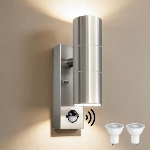 YOVGQOLV PIR Außenlampe mit Bewegungsmelder Up and Down 230V GU10 | Edelstahl Wandlampe Aussen mit 2×5W GU10 Glühbirne(3000 K),IP54 Wasserdichte LED Aussenleuchten Hauswand,1Stück-Silber