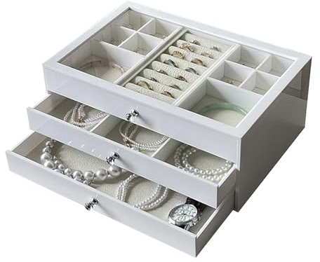 Smyckesaskar för Kvinnor, Smyckesförvaring i Dubbla Lager, Smyckeorganisatör, Transparent Lock, Akrylskiva, för Ringar, Armband, Glasögon(White)
