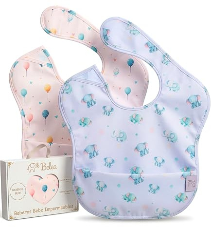 Belea Pack 2 Baberos Bebe Impermeables Sin Mangas BLW de 6 Meses a 5 Años Bolsillo Recogemigas Babete Impermeável Babero Infantil Material Suave Waterproof Sin BPA Regalo Baby Shower Cumpleaños Bebé