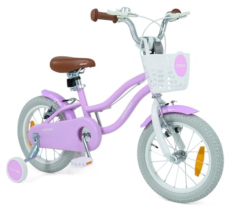 COSTWAY Barncykel med korg och klocka, 14 tums flickcykel med höjdjusterbar sadel och styre, cykel med dubbla bromsar, avtagbara stödhjul för 3–5 år flickor (lila, 14 tum)