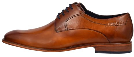 bugatti Uomo Scarpa bassa business in pelle, derby con finitura bicolore e sottopiede morbido, Cognac, 45 EU