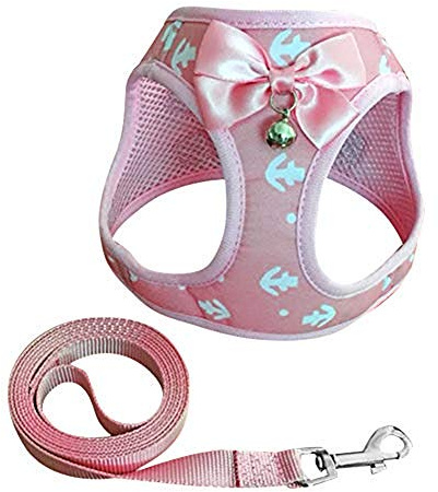 AUSUKY Harnais de sac à dos réglable et doux pour animal domestique avec laisse et gilet confortable classique mignon nœud papillon clochette pour chiens(XXS, rose)
