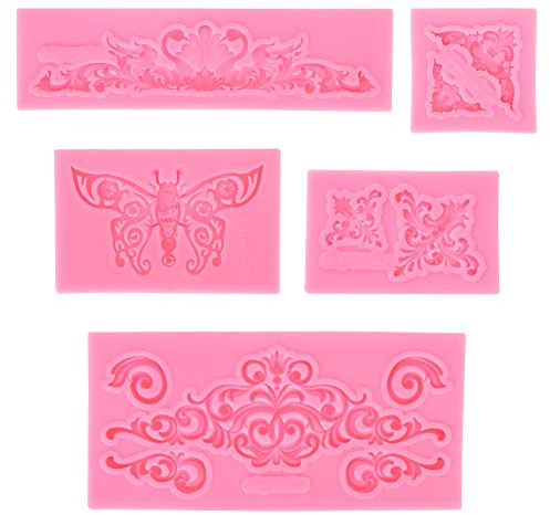 Ohok 3D Silikon Prägen Kuchen Fondant Formen, Mini Retro Relief Silikon Formen, Barock Geprägte Schmetterling Formen Modellierwerkzeug DIY Set für Süßigkeiten Fondant Kuchen Dekorieren - 5 Stück