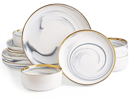 Pokini Marble Gold Rim Dinnerware Sets, Porcelain Plates and Bowls Sets, Modern Luxury Dish Set for 4, White Grey China Dinner Set for Special Occasions, Hand Wash Quickly