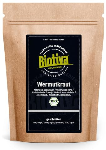 Biotiva Té de ajenjo orgánico 100g - Artemisia Absinthium - 100% puro - vegano - Embotellado y controlado en Alemania (DE-ÖKO-005)
