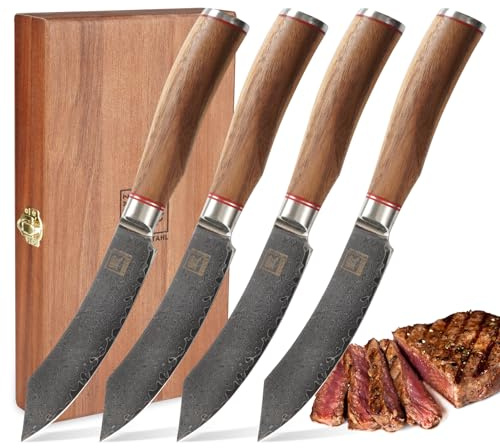 zayiko Kurumi Steakmesser-Set 4-teilig 12,5 cm | aus 67 Lagen Damaststahl mit VG10-Kern | mit ergonomischem Nussbaumholzgriff | für Steak & Fleisch | in Holzbox für Hobby- & Profiköche