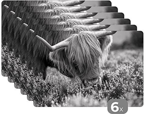 Placemats Platzdeckchen Platzset Tischset 6-teilig Tischdeko Untersetzer 45x30 cm Nahaufnahme Schottischer Highlander riecht Heidekraut - schwarz und weiß