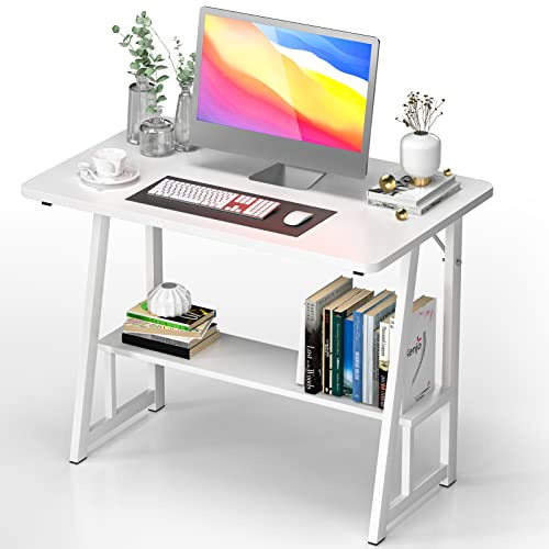 Lvhcmfohm Schreibtisch Computertisch Klein, 80x50cm Tisch mit Unterem Regal, Geeignet für Büro, Zuhause, Wohnzimmer (Weiß)