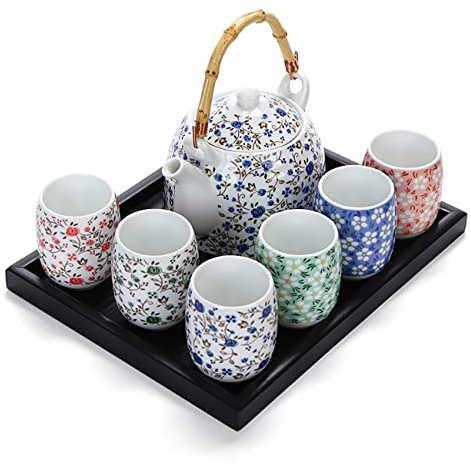 Juego de té de porcelana floral, hecho a mano, juego de té chino Kung Fu, 1 tetera y 6 tazas de té, juego de té de cerámica china (con bandeja de té)
