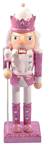 Ciao Christmas Nutcracker Toy Soldier King with Scepter (24cm) Wooden Glittery Decoration, Pink/White