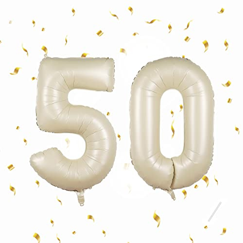 Globos de 50 cumpleaños,Beige 40 pulgadas Globo número, 50 decoraciones de Globo número cumpleaños para hombre y mujer, Globo inflable de lámina de oro 50.