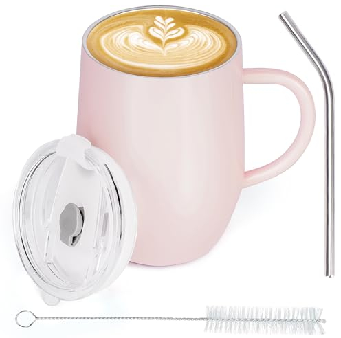 BELLE VOUS Stainless Steel Insulated Travel Mug with Handle - 350ml/12oz - Double-Wall Reusable Thermal Cup with Lid & Straw - Vacuum Leakproof Tumbler for Hot & Cold Drinks Including Coffee/Tea
