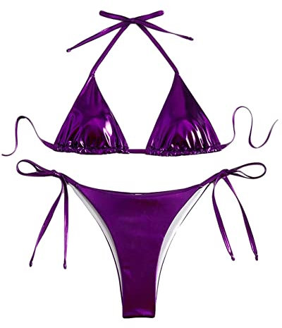 Falainetee Dam Metallisk Blank Baddräkt Hög Midja Triangel Slips Sida Baddräkt Bikini Set, Lila, M