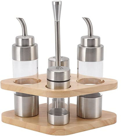 Set Dispenser di Sale Per Olio di 4 Bottiglie con Rack in Legno, 2 Bottiglie Dispenser di Olio, 2 Bottiglie di Spezie in Polvere, Set di Condimenti Sale Aceto Pepe Per Tavolo della Cucina