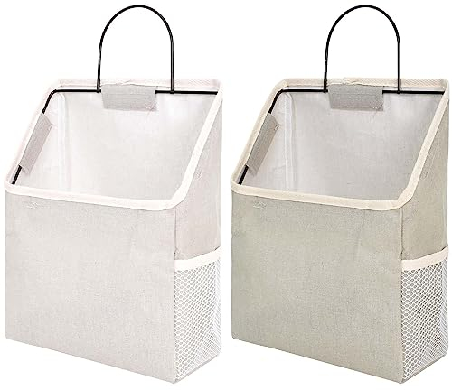 Nramwell 2 PCS Wall Hanging Organiser Bag, Linen Hanging Storage Bag with Hook, Fabric Baskets for Storage with Metal Frame, Gray and White Hanging Organizer for Door Closet Kitchen Office